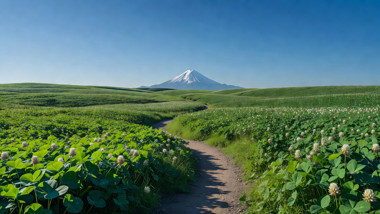 草原の向こうに見える富士山