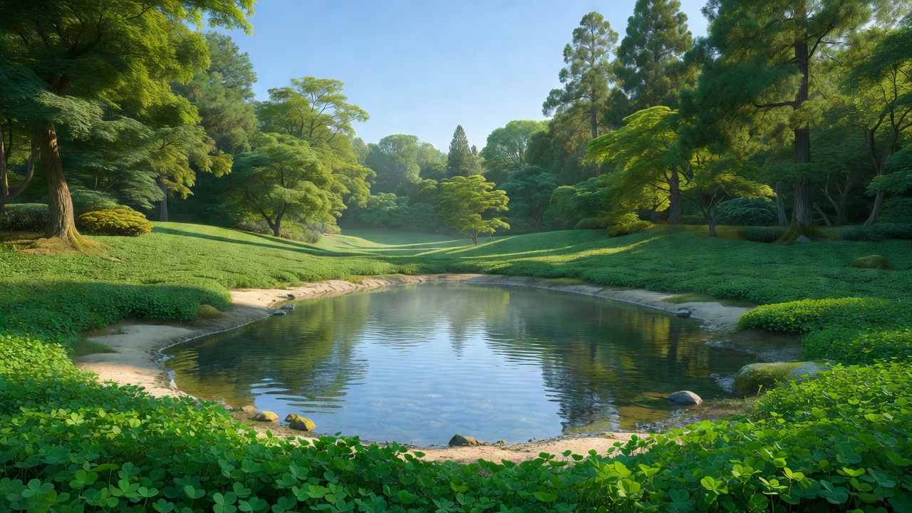 池に映るクローバー草原の朝の風景